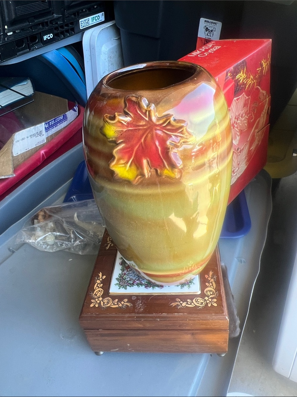 Glazed Ceramic Maple Leaf Vase in Autumn Colors